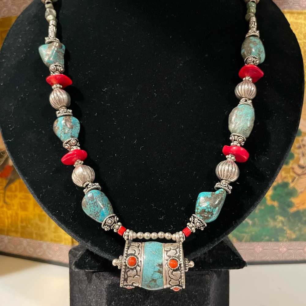 Vintage Tibetan Turquoise, Coral and Sterling Silver Necklace